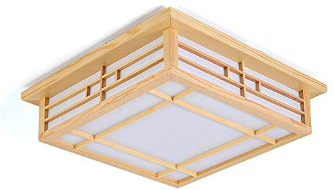 ACROSSPART 24W Deckenlampe Japanische Holz LED Deckenlampe Kronleuchter Warme Licht Japanische Wohnzimmer Licht Tatami Schlafzimmerlampe mit PVC-Schaffellimitat Lampenschirm 45x45x12cm