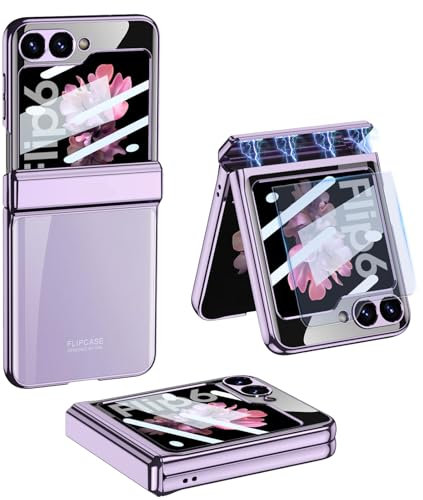 Funda Transparente para Samsung Galaxy Z Flip 6 con Protección de Bisagra Magnética y Protección de Pantalla Externa, Carcasa Lujo Claro Galvanizada a Prueba de Golpes para Samsung Z Flip 6 (Violeta)
