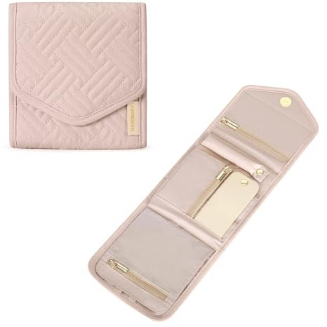 bagsmart Travel Jewellery Organiser Roll Foldable Jewelry Case for Journey-Rings, Necklaces, Bracelets, Earrings,Small-Pink