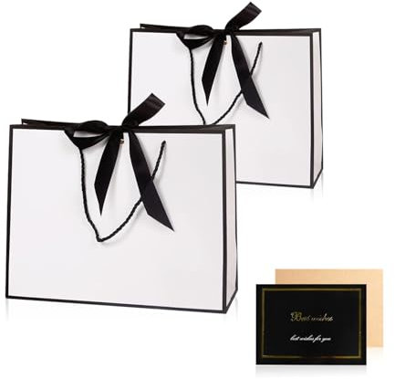 2Pcs Geschenktasche Set, Geschenktaschen mit SchleifenbäNdern, Geschenktasche Schwarz Weiß, GeschenktüTe Hochzeit Gift Bag, GeschenktüTen mit Schleife für Hochzeiten Geburtstage Valentinstag Partys