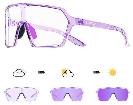 KAPVOE Fahrradbrille Selbsttönend für Herren Damen photochrome Sportsonnenbrille Klar Rennrad Brille TR90 Rahmen Radfahren MTB Radbrille mit UV400 Schutz Sportbrille für Laufen Fahren Triathlon Lila