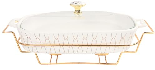 jinsongdafa Porcelain Rectangle Casserole Baking Dish with Glass Lid and rack, 2000 ML Serving Soup Tureen, Chafing Dish for Buffet, food preserve Tray, Catering Casserole for Party Style