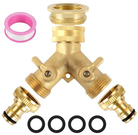 2-Wege-Messing-Y-Ventil-Wasserhahn, Gartenschlauch-Verteiler, Zwei-Wege-Wasserhahn-Verteiler mit 2 einzelnen 1,9 cm Wasserhähnen und 3/4 Zoll auf 1/2 Zoll Anschluss für Haus Garten Outdoor