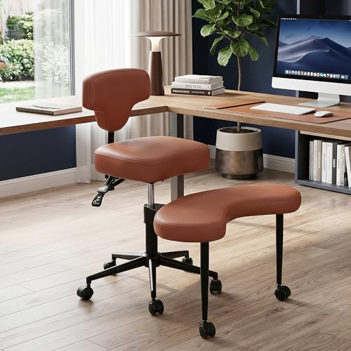 Meditationsstuhl, Ergonomics Crosses Legged Chair with Wheels, Kniestuhl Mit Lendenwirbelstütze Und Verstellbarem Neigungswinkel for Home and Offices, 49–59cm Einstellbare Höhe (Brown)