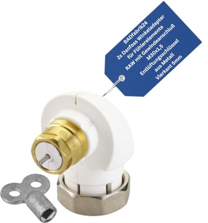 BADfabrik24 Winkeladapter M30×1,5 für RAW Fühlerelemente + Entlüftungsschlüssel 5 mm Metall – 2 Stück Heizkörper-Zubehör für Thermostatventile, 90°-Adapter für enge Nischen, einfache Montage