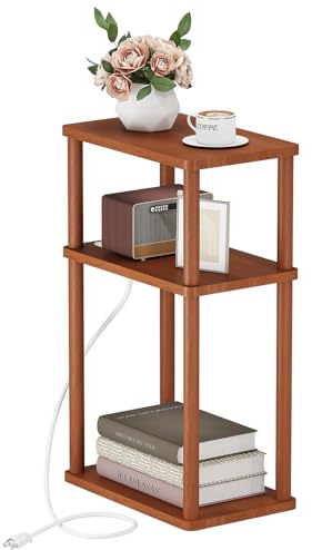 LUCKNOCK Solid Wood Side Table with Charging Station, 3-Tier Small End Table, Narrow Couch Side Table, Skinny Nightstand Bedside Table for Small Spaces, Bedroom, Living Room (Walnut)
