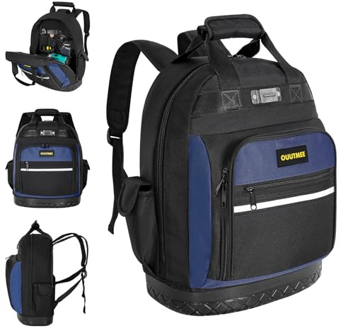 OUUTMEE Tool Backpack, Multi-Pocket Tool Bag with ABS Reinforced Base | Heavy Duty Tool Organiser with Padded Shoulder & Waist Straps, Tool Storage Gear for Electricians & Construction