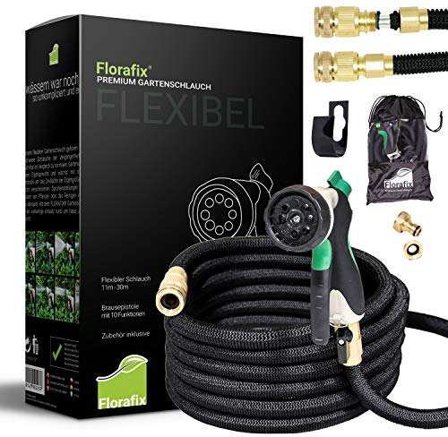 Florafix Flexibler Premium Gartenschlauch, Wasserschlauch Flexibel mit 3-Fach Latexkern, Dehnbarer FlexiSchlauch, Alle Verschraubungen aus Hochwertigem Messing (ausgedehnt 30m)