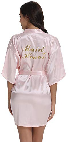 Vlazom Peignoir Satin Femme Robes de Chambre et Kimonos de Mariée Robes de Chambre Soie Court Kimono Col V avec Ceinture,Rose For Maid Of Honor,L