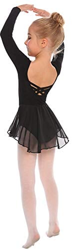 Beyove Mädchen Ballettkleidung Rückenfrei Ballettkleid Baumwolle Langarm Balletttrikot Ballettanzug Kinder Tanzkleid Tanzbody mit Rock Tütü Schwarz 130