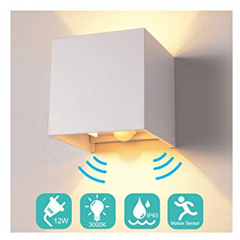 Midore 12W LED Wandleuchte mit Bewegungsmelder Aussen/Innen IP65 Einstellbarer Lichtstrahl Außenbeleuchtung 1000lm Aluminum Up Down Wandlampe für Hof Balkon Treppenhaus Garage 3000K Warmweiß