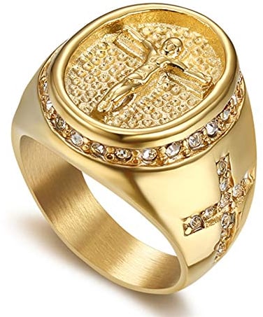 JewelryWe Schmuck Herren-Ring Christian Jesus Kreuz Kruzifix Siegelring Strass Edelstahl Retro Religiöser Ring Band mit Gravur Gold Size 9