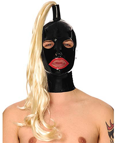 Latex-Gummi-Maske für Herren, Kopfbedeckung, Partyhaube, offene rote Lippen, Perücke, Zopfmuster, ZZ31 (XL, schwarz)
