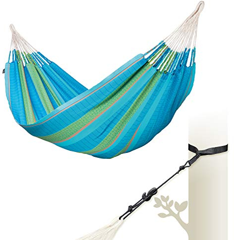 LA SIESTA - Flora Curaçao - Klassische Hängematte Kingsize aus Bio-Baumwolle + TreeMount Black - Baum- & Pfosten-Befestigung