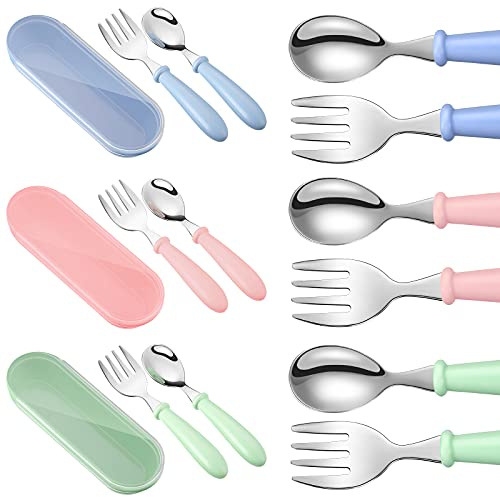 Patelai 9 Pcs Toddler Utensils Fork Spoon with Case,Blue, Green, Pink