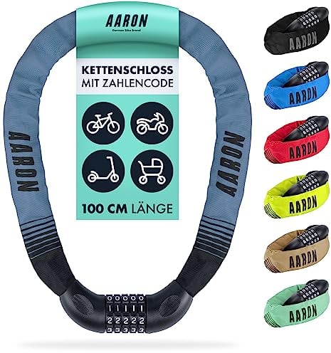 AARON Lock One Fahrradschloss mit 5-stelligem Zahlencode, Kettenschloss aus Stahl und hoher Sicherheitsstufe | Schloss für für E-Bike, Mountainbike, Trekkingrad, Tourenrad, Rennrad in grau-blau