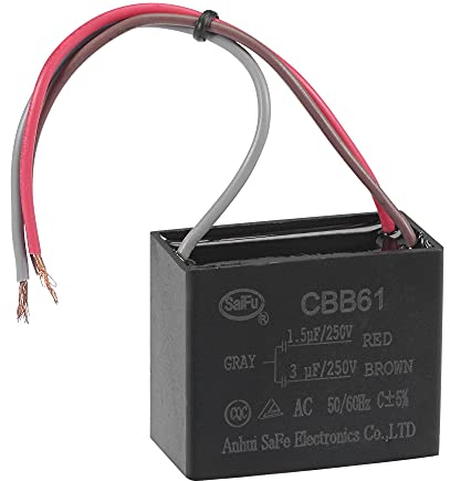 sourcing map Deckenventilator Kondensator CBB61 1.5/3uF 250V AC 3 Drähte Metall Polypropylen Film Kondensator 38x31x22mm für Elektrische Lüfterpumpe Motor Generator