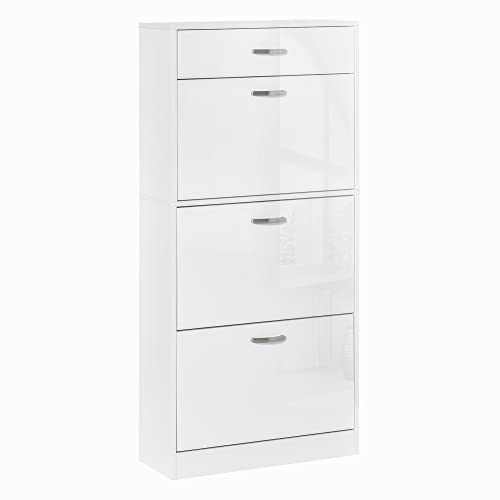 HOMCOM Meuble à Chaussures - 3 Portes abattantes et tiroir Coulissant - dim. 62L x 24l x 135H cm - poignées alu. Panneaux Particules Blanc