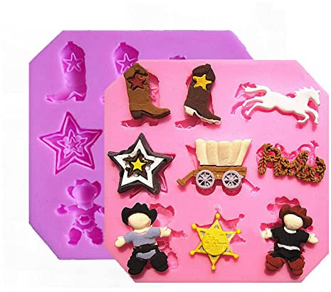 Gulinaza 2Pcs Western Cowboy Theme Silicone Molds for DIY Cake Fondant Biscuit Cookies Soap Sugar Pudding Chocolate Hard Candies Dessert Decor