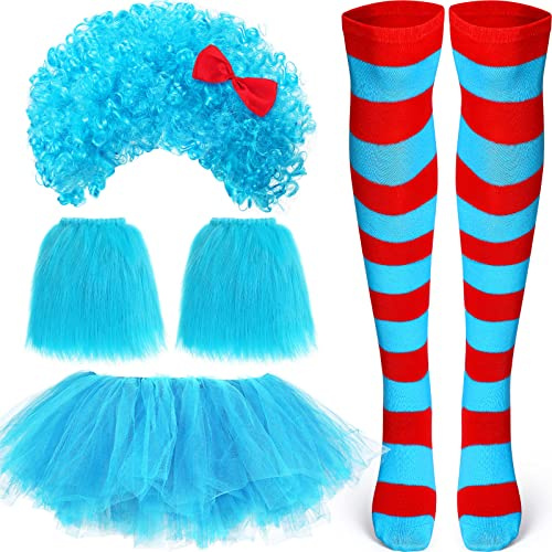 Geyoga Tüll Tutu Kostüm Zubehör Set Tüll Tutus Röcke Blau Perücke Pferdeschwanz Lange Knie Oberschenkel Hoch Gestreifte Socken Armstulpen Kostüm Zubehör