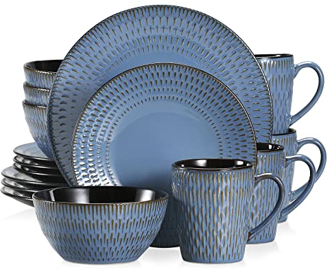 vancasso serie Pluvo Vajillas Completas de Cerámica 16 pcs con 4 Tazas/Tazones y Platos de Postre, Platos Llanos, para 4 Personas, Diseño de Línea de Lluvia en Relieve Vajilla Vintage- Azul