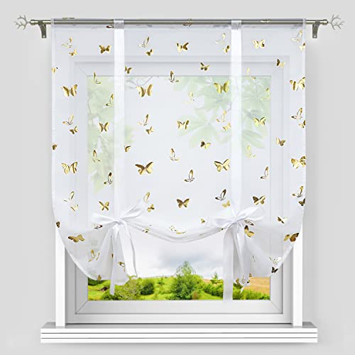Heichkell Raffrollo mit Tunnelzug Voile Raffgardine Modern Kleinfenster Küchengardine Glänzende Schmetterling-Dekomuster Gold BxH 120x140 cm