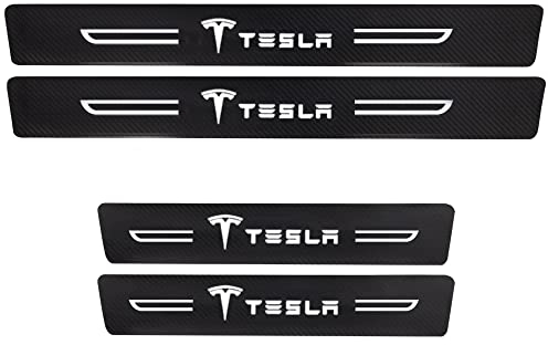Mindabate 4er-Pack Auto-Karbonfaser-Einstiegsleisten für Tesla Logo Models ModelX Model Y X 3 Roadster Cybertruck Kratzfeste Aufkleber-Schwellenzierleisten