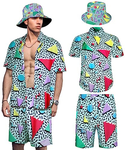 Geosar Herren 2-teiliges 80er-90er-Jahre-Kostüm für Herren, Hippie-Shirts und Shorts, Set mit Hut, Neon-Disco, Halloween, Party, Kostüm, Kleidung