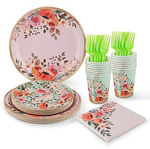 fanquare Floral Vajilla de fiesta Set 16 Comensales Platos de Papel desechables Vasos Servilletas Artículos de Fiesta para Fiestas de Jardín, Cumpleaños, Bodas, Baby Shower