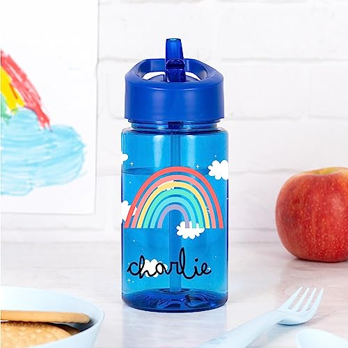 Wanapix | Bouteille personnalisée pour enfants | Gourde d'eau pour enfants | Avec paille et poignée de transport | École/Crèche | Plastique sans BPA | 440 ml | Bleu | Nuage