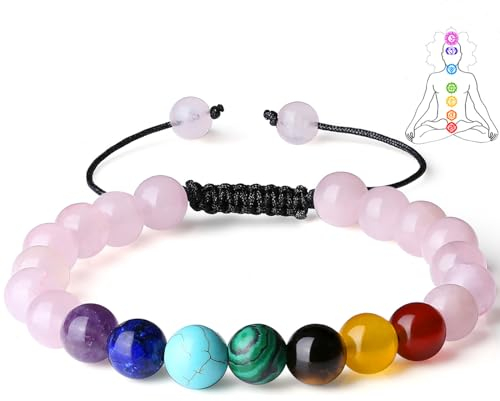 XIANNVXI Kristalle Chakra Armband Damen Herren Rosenquarz Armband Edelsteine Heilsteine Armbänder Rosa Perlenarmband Natürliche Heilung Perlen Stein Geflochtenen Seil Yoga Reiki