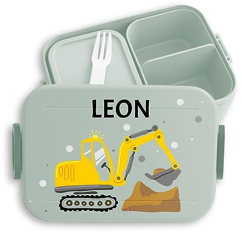 Kinder Bento Box Midi Lunchbox für Mepal Bentobox - Brotdose Bagger mit Name personalisiert I Baggerfahrer I Bagger Fan Baumaschine - 900 ml - Sage Grün - personalisierte geschenke kind