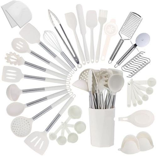 UXIYI Ensemble d'ustensiles de Cuisine, ustensiles de Cuisine en Silicone, Ensemble de spatules 44pcs avec poignée en Acier Inoxydable, ustensiles de Cuisine et Gadgets,Blanc