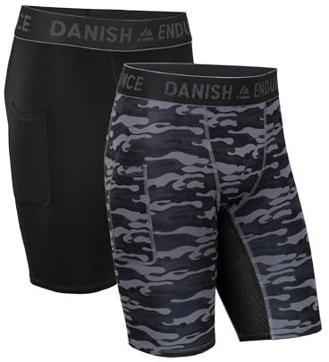 DANISH ENDURANCE Kompressions-Shorts, Sport Shorts, Kurze Leggings mit Taschen, für Herren, 2er Pack Mehrfarbig (1x Schwarz, 1x Grau Camo) 2er Pack M