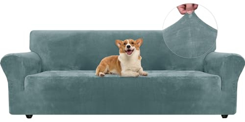 Ystyle Elastischer Samt Sofabezug 4 Sitzer, Grau Blau | Stretch Sofa Überzug, Sofaschoner Rutschfest, Couch Überzug, Sofa Cover mit Armlehnen, Sesselschoner Sofaschutz Katze