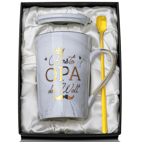 Opa Geschenk Geburtstag Vatertag, Bester Opa der Welt Tasse - Vatertagsgeschenk Geschenke für Großvater, 400ml Grau Marmor Tasse mit Goldener Golddruck, Deckel Löffel Grußkarten, Exquisite Geschenkbox