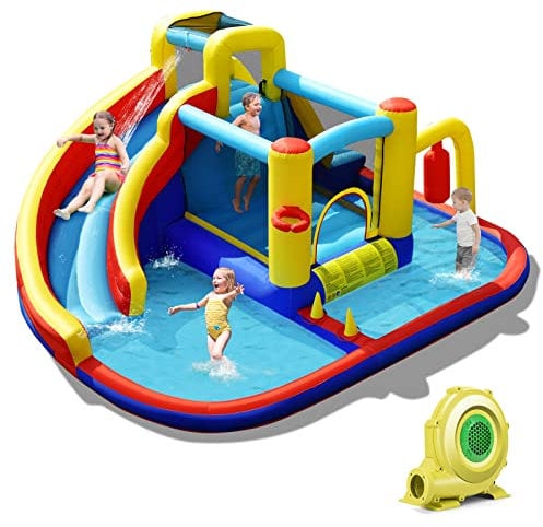 COSTWAY Inflatable Bouncy Castle, Large Water Bounce House with Air Blower, Slide, Paddling Pool, Climbing Wall, Basketball Hoop, Blow up Inflatables Park for Kids