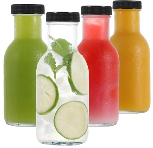 LIMILI Lot de 4 bouteilles de jus en verre avec couvercles, réutilisables de 250 ml avec couvercles, bouteilles en verre transparent pour boissons faites maison, pique-niques, voyages, école