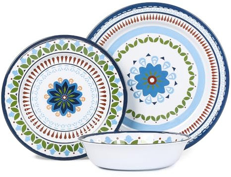 Melamine Dinnerware Sets 12 Pcs, Melamine Plates, Party Plates and Bowls Sets, Camping Dishes Set for 4, Unbreakable, BPA Free, Dishwasher Safe Black Marble Design Black dinnerware sets Blue