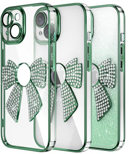 IMIRST Diamond Phone Case Compatible with iPhone 13 (6.1'') Electroplated Bling Glitter Silicone Shell Shockproof Protective Cover Bumper Bow Tie Case for Apple iPhone 13. KD Green