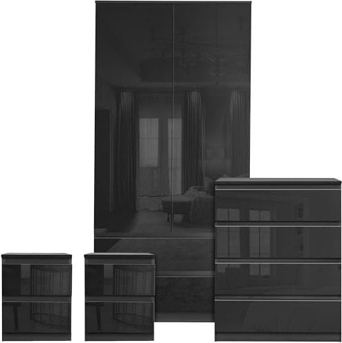 High Gloss Bedroom Wardrobes sets with 2 Door Wardrobe 4 Drawer Chest of Drawers 2x Bedside Cabinets Bedroom Set for 4 Piece Bedroom Storage furniture Set, Black