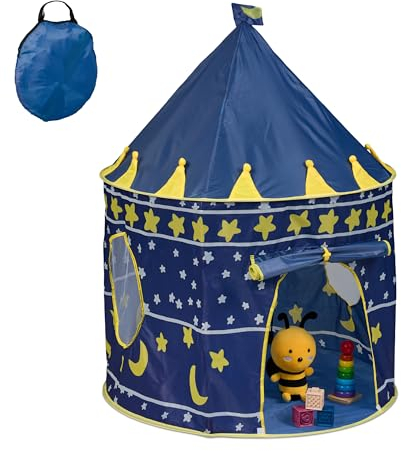 Relaxdays Spielzelt Mond & Sterne, für Kinder, Indoor, HD 135x100 cm, Kinderzelt, Eingang mit Klettverschluss, blau/gelb