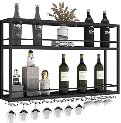 DSVONAUS Industriell Wandmontierte Weinregal mit Glashalter, Schwarz Metallflaschenhalter Multi funktionaler Weinpareite Display Rack 2-stufiges für Home Bar Dining Room Kitchenkitchen (160×20×65cm)
