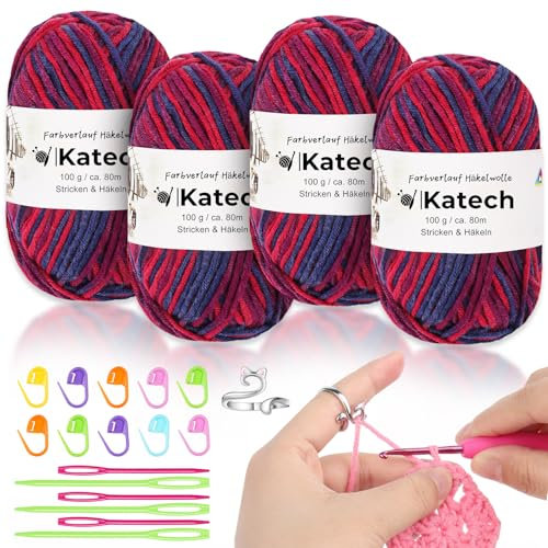 Katech 4x50g(200g) Mehrfarbige Häkelgarn, Baumwolle zum Häkeln, Häkelwolle Set mit Häkelring, Strickgarn Wolle zum Stricken von Mützen/Schal/Socken/Kinderkleidung, Farbverlauf Garn Rot Blau
