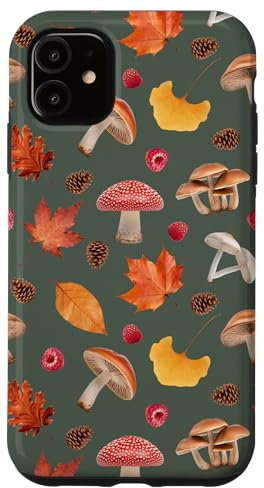 Coque pour iPhone 11 Motif botanique de la forêt d'automne sur vert forêt vintage