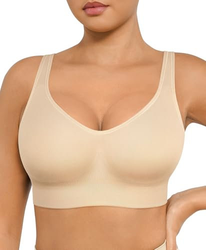 FeelinGirl Bras for Women Built-in Soft Cups Wireless Bralette for Women - Comfortable Seamless Soft Bras Full Coverage Everyday Wear Light Beige L