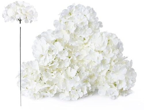 Foshird 6 Stück Hortensien Kunstblumen Köpfe mit Stielen Weiß Seidenblumen Wie Echt Künstliche Blumen Deko Blumenstrauß Fake Flowers für DIY Hochzeits Tischdeko Garten Brautsträuß Girlanden Geschenk