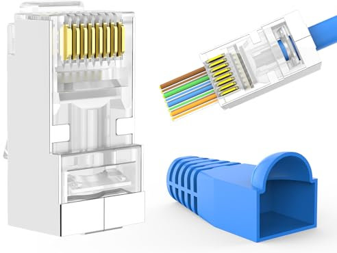 RJ45 Connector Pass Through Cat6 (Cat6 Shielded Pass Through, 50-Pack Plugs&50-Pack Boots) for Solid or Stranded Etherne Cable