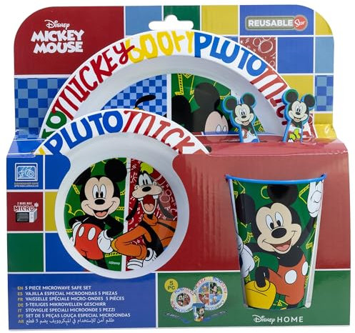 Set vajilla infantil reutilizable apta para microondas compuesto por vaso, plato, cuenco y cubiertos de Mickey