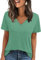Cuptacc Camiseta Mujer Cuello En V Tops Casuales De Verano Mangas Cortas Color Sólido Básica Verde Claro L 42-44